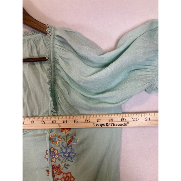 Romantic Boho Blu Pepper Women Large Mint Green Embroidered Boho Peasant Blouse - Picture 7 of 9